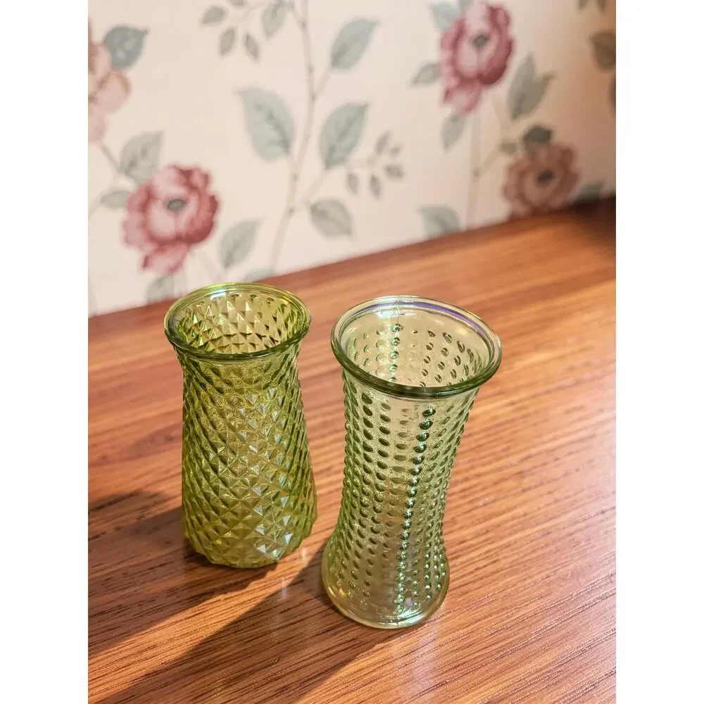 Vintage DPS Green Glass Vases Set of 2 Paula Hobnail MCM 1960s Textured 9-10